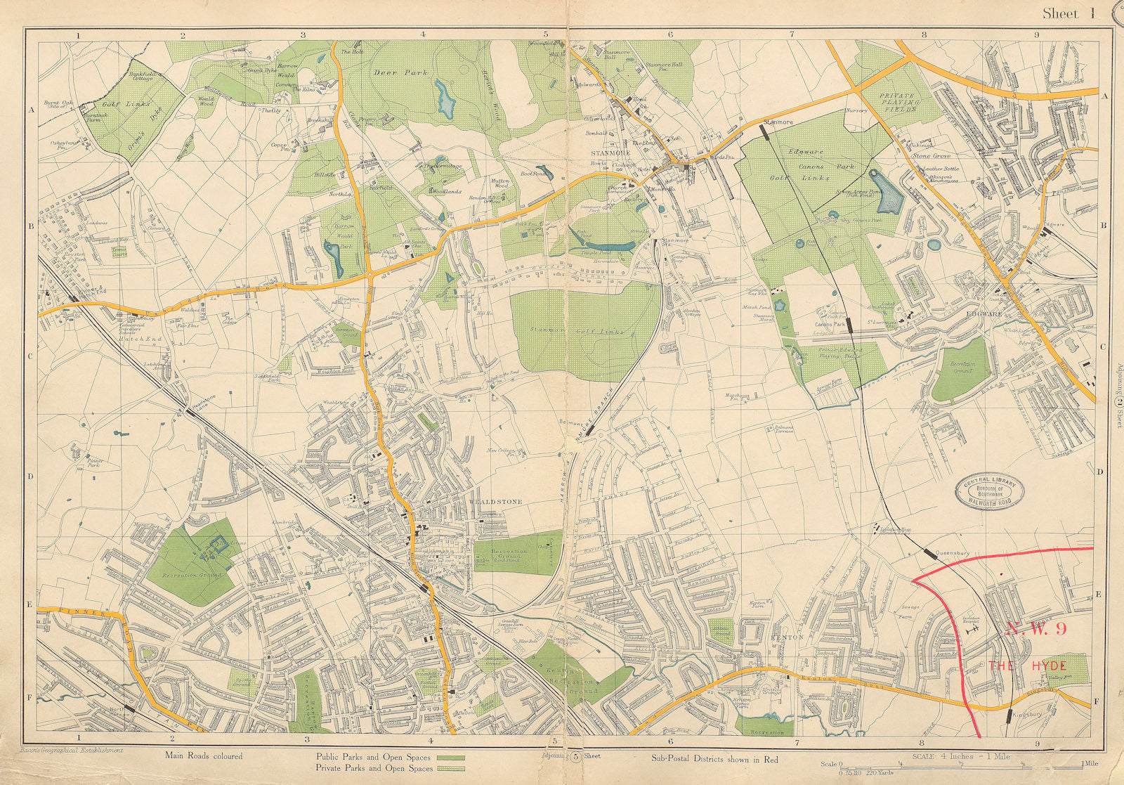 STANMORE Wealdstone Edgware Pinner North Harrow The Hyde Kenton. BACON 1934 map